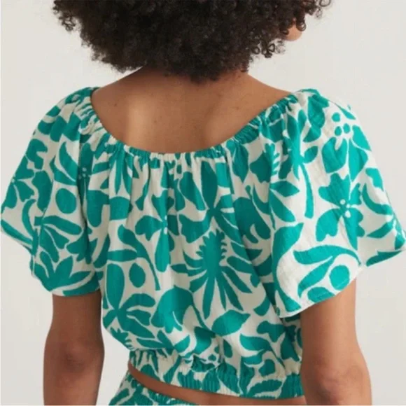 Marine Layer Tiana Cropped Blouse Spruce Flora XS NWT - Picture 2 of 8